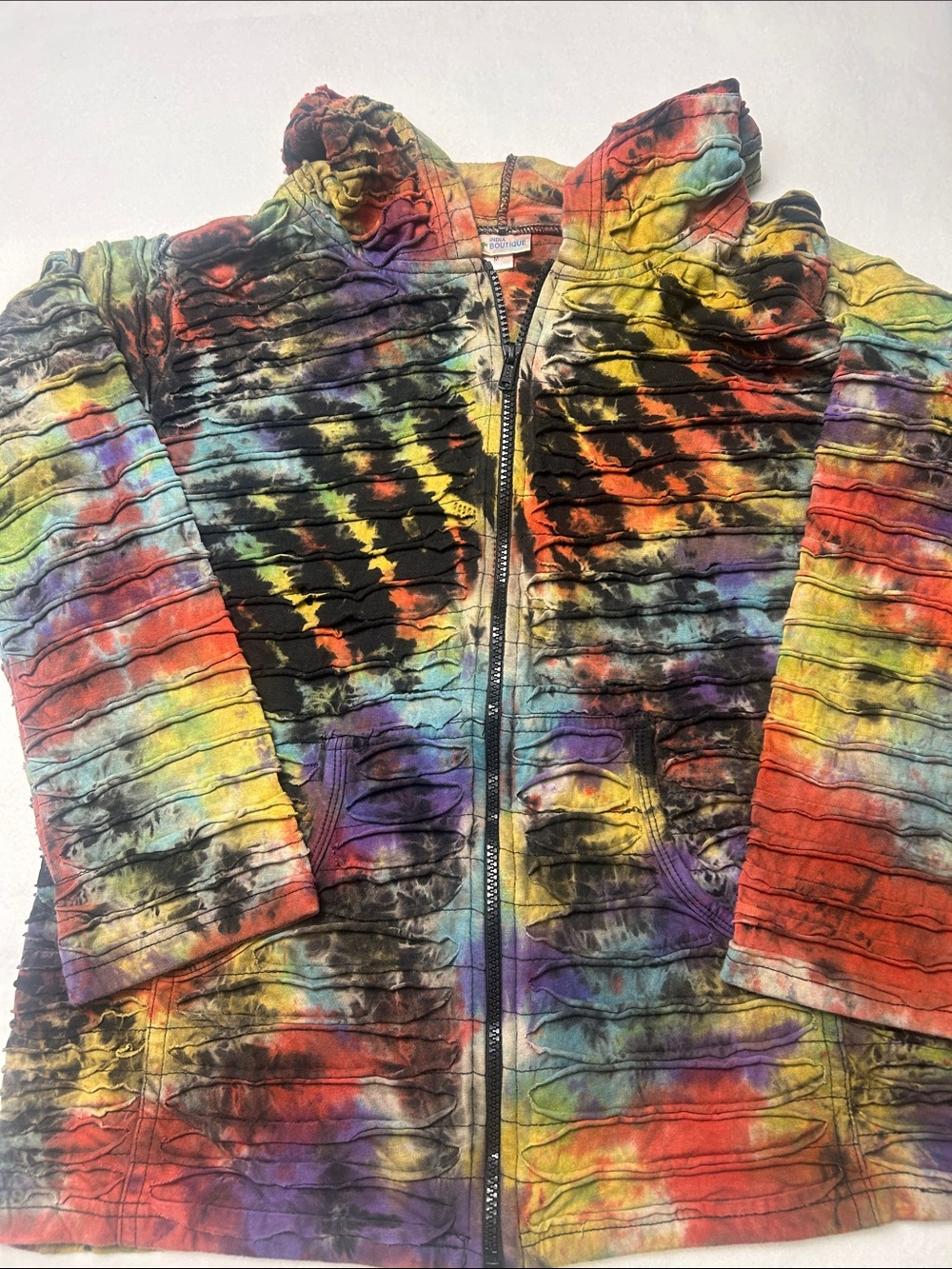 India Boutique Razor Cut Hoodie Tie Dye Boho Festival Hippie Zip Up Jacket M